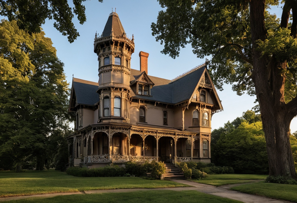 Victorian Gothic Revival house with tower among mature trees